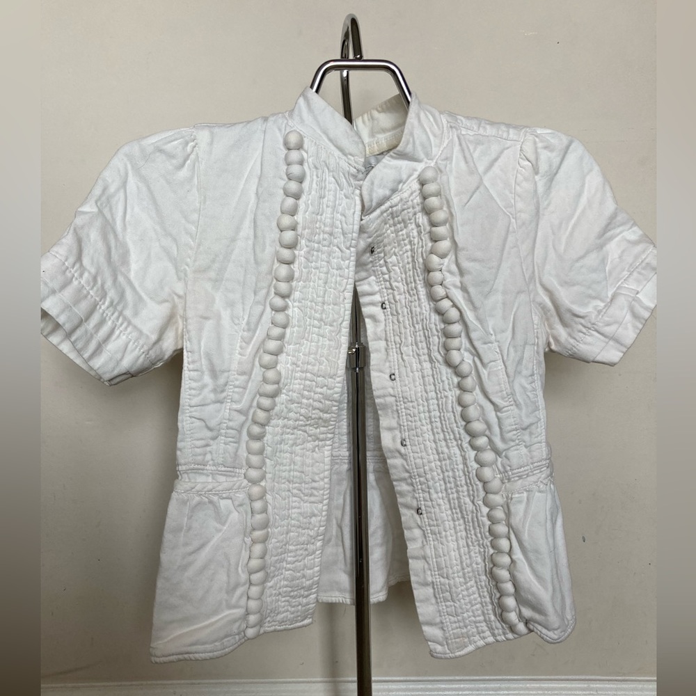 White Short-Sleeve Textured Button Front Jacket